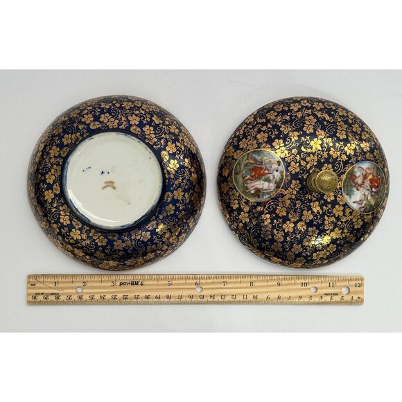 Vintage Lidded Cobalt Blue & Gold Porcelain Dish Classic Romantic Bonbon Trinket - Picture 5 of 11